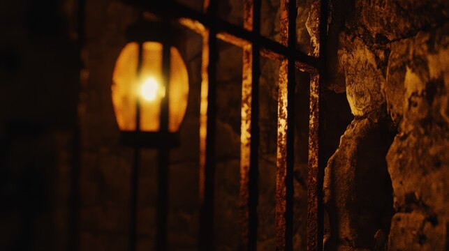 A glowing lantern illuminates rusty prison bars against a crumbling stone wall creating a stark and weathered atmosphere