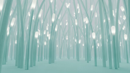 Mystical Canopy of Light: An ethereal scene unfolds, where slender, illuminated columns ascend toward the sky, conjuring a sense of wonder and tranquility.