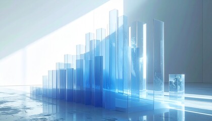 Fototapeta premium Abstract blue translucent bar graph structure illuminated by bright light, symbolizing growth and data visualization in a modern setting.