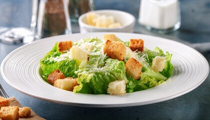 Fresh Caesar Salad With Croutons And Parmesan Cheese On A White Plate