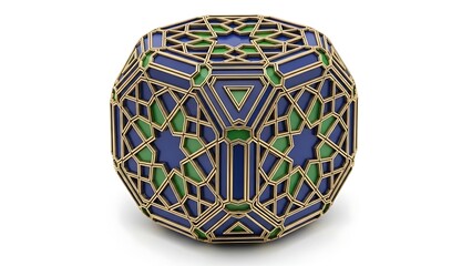 Luxurious 3D Geometric Object with Golden Islamic Pattern, Blue and Green Inlays on White Background