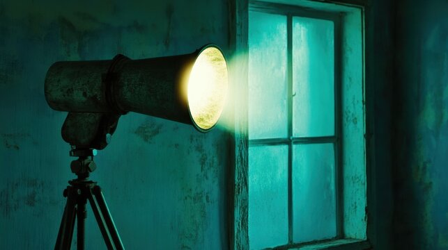 A hand powered dynamo casting a weak intermittent glow onto a dimly lit window