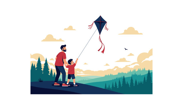 Father and son flying a kite together outdoors.