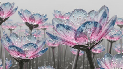 Floral Fantasy: Enthralling image of ethereal blossoms in shades of pink and blue, kissed by morning dew, creates a sense of enchantment and serenity.