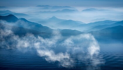 Serene blue mountain range with layers of hills disappearing into the morning mist, with fog rising from the calm, rippling surface of a tranquil lake