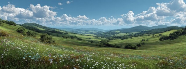 Obraz premium Lush Green Hills in Summer with Colorful Wildflowers Under a Bright Blue Sky and Fluffy Clouds