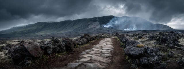 Dramatic Lava Plateau Path Leading Toward Smoking Crater Under Dark Clouds