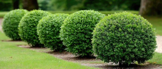 Green topiary bushes in a park along a path with grass and background cacti