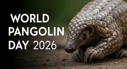 Obraz premium World pangolin day 2026 awareness banner with cute scaly mammal close