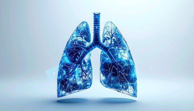 Digital artistic rendering showing two lungs highlighted in bright blue with a network-like structure, on a light background