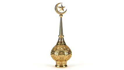 Luxurious Golden Islamic Finial with Crescent Moon and Star, Ornate Patterns, Isolated on White