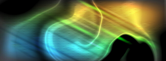 Futuristic glowing neon lines with digital geometric overlay and vibrant green blue lights for high tech backdrop and innovative computational aesthetic design