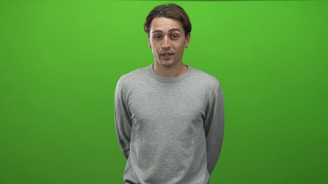 Man standing with hands behind back, gray sweater and visible face facing camera in studio green screen backdrop; calm reflection.
