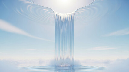 Skyfall Serenity: A mesmerizing waterfall cascades gracefully from the sky into a serene sea, creating a breathtaking display of natural elegance and tranquility.