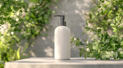White shampoo pump bottle with black dispenser surrounded by green leaves