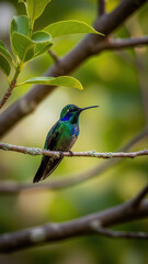 Obraz premium Hummingbird perched on a tree branch surrounded by lush green leaves
