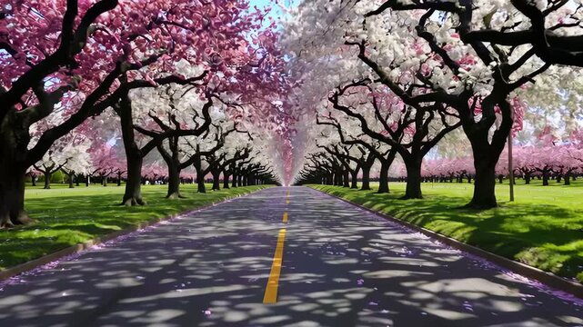 Cherry blossom trees line a long road in springtime colors with sunlight shining through the branches