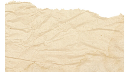 Crumpled beige paper texture with torn edges isolated on transparent background