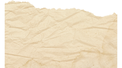 Crumpled beige paper texture with torn edges isolated on transparent background