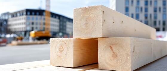 Fresh timber planks stacked at construction site with clear space for text and buildings in background