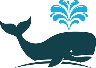 Obraz premium Modern minimalist blue whale silhouette blowing water fountain spray from blowhole in the ocean for sea life logo design.