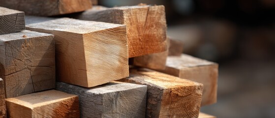 Close-up view of wood planks stacked in a warehouse, showcasing details of the carpentry process and providing space for text in the background