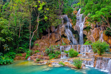 Laos. Luang Prabang. Kuang Si Waterfalls. Travel and tourism in Asia	
