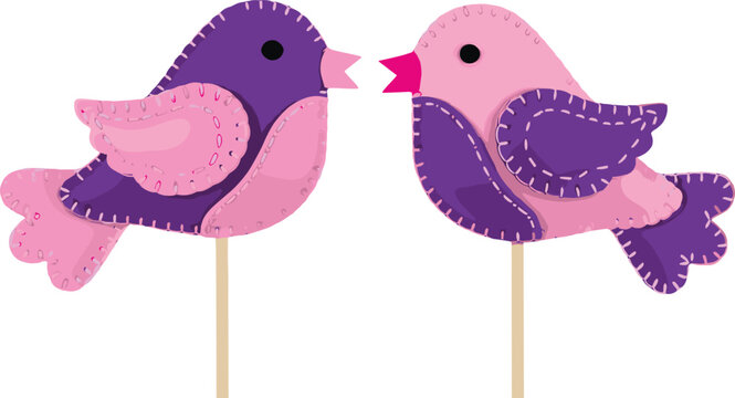 Cute pair of pink and purple felt bird craft characters on wooden sticks for parties or nursery decoration.