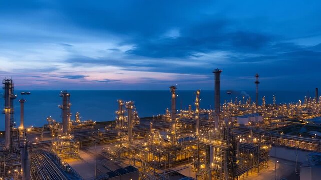 Illuminated oil refinery at dusk by the sea with towering structures and vibrant lights