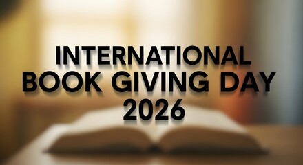 International book giving day 2026 text overlaying open pages indoors