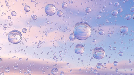 Floating Bubbles: Abstract close-up of delicate transparent bubbles floating gently against a pastel sky. Bubbles reflect the colors, evoking a sense of calm and ethereal beauty. 