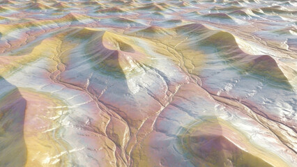 Sandscape Serenity: Abstract textured shot of a surreal desert vista with undulating sand dunes, displaying a symphony of colors ranging from soft pastels to earthy tones.
