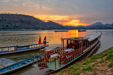 Laos. Luang Prabang,  Mekong River Cruises. Tour tourism on ships and boats. Paradise tourist resort	
