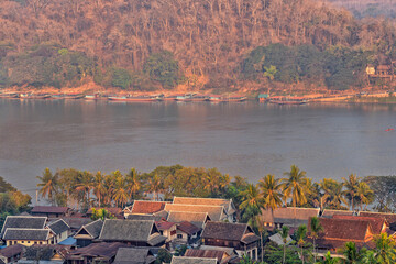 Laos, Luang Prabang. Mekong River. Tour tourism on ships and boats. Paradise tourist resort	