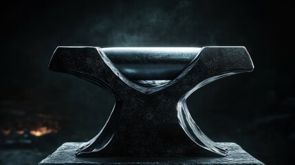A heavy black iron anvil with a rugged texture sits in a dark studio with dramatic lighting