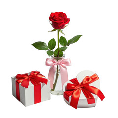 Single red rose with gift boxes isolated on transparent background