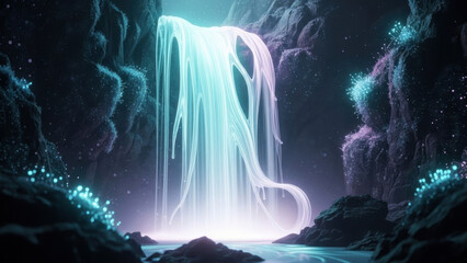 Enchanted Waterfall: A luminous, ethereal waterfall cascades into a serene pool, with the play of light and shadow, inviting a sense of wonder and tranquility. 