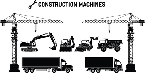 Construction machines silhouette set featuring cranes excavators loaders dump trucks and transport vehicles isolated on white background vector illustration © Sujoy