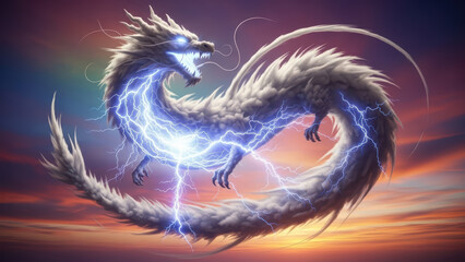 Mythical Dragon Surrounded by Lightning in a Stormy Sky