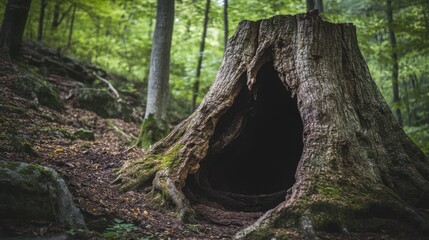 A large ancient hollowed out tree stump with a dark opening sits in the middle of a lush green forest floor