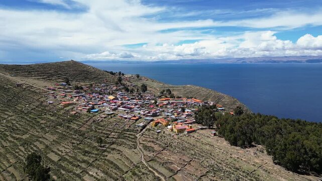 Isla del Sol, Bolivia: Aerial drone footage of the Yumani village in the Isla del sol on the lake titicaca in the Andes in the Bolivia