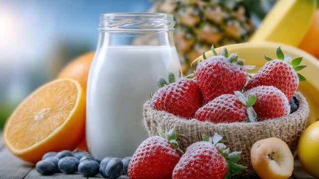 Fresh Fruit Fiesta: A vibrant assortment of succulent strawberries, juicy oranges, creamy milk, and other colorful fruits awaits. This image is a celebration of flavor, freshness.