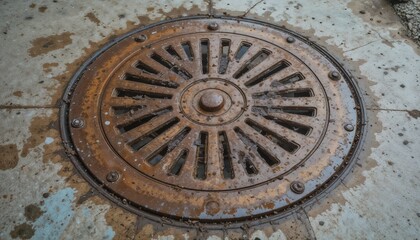 Obraz premium Realistic drain cover with visible rust stains, wet concrete surface, subtle discoloration patterns