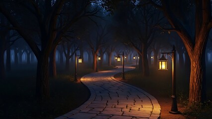 Mysterious winding stone path illuminated by vintage streetlights in a dark, foggy forest at night.