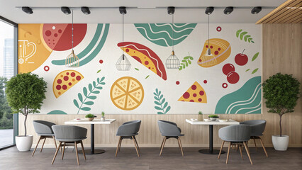 Trendy Cafe Interior with Vibrant Abstract Pizza and Fruit Themed Wall Art and Modern Seating © ahmad hussain