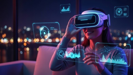 Woman using virtual reality headset with digital interface overlays