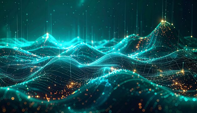 Abstract digital landscape with glowing teal and gold data waves, representing interconnected networks and technological flow.
