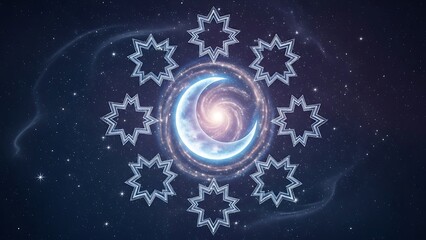Mystical Crescent Moon with Swirling Galaxy and Abstract Stars in Cosmic Night Sky