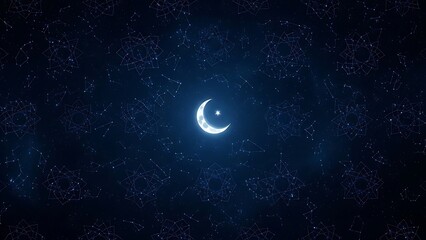 Mystical crescent moon and bright star against a deep blue night sky with intricate geometric star patterns.