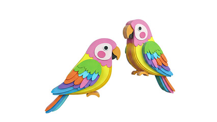 Two colorful layered paper parrots on a white background